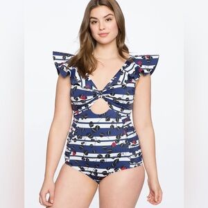 ELOQUII One-piece Swimsuit With Ruffle Shoulder Size 14W Blue Striped & Lady Bug